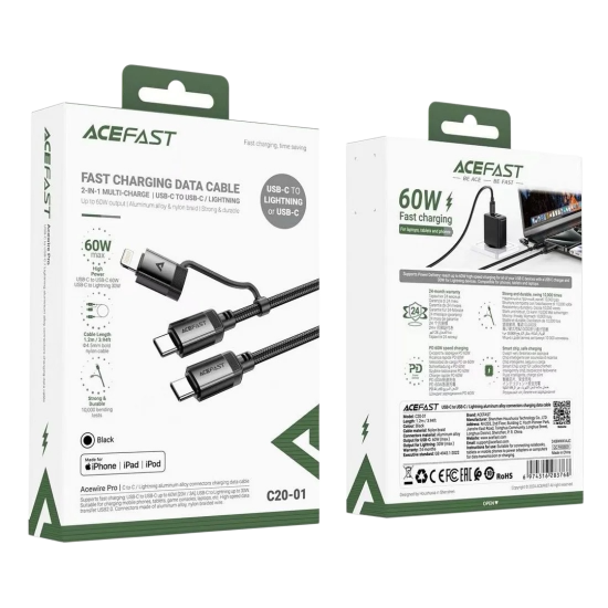 سلك شاحن تايب سي الى تايب سي لايتنق قوة 60w من AceFast قماش طول 1m