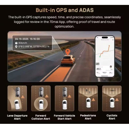 داش كام T800 امامي-داخلي-خلفي 4K من 70mai + مومري 256 اضافي