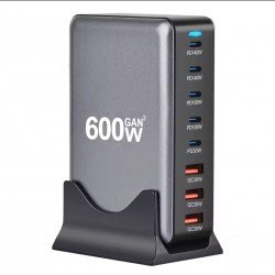 منصة منافذ شحن سريع 6 مخارج USB-C مع 2 مخارج USB السريع بقوة 600W اسود