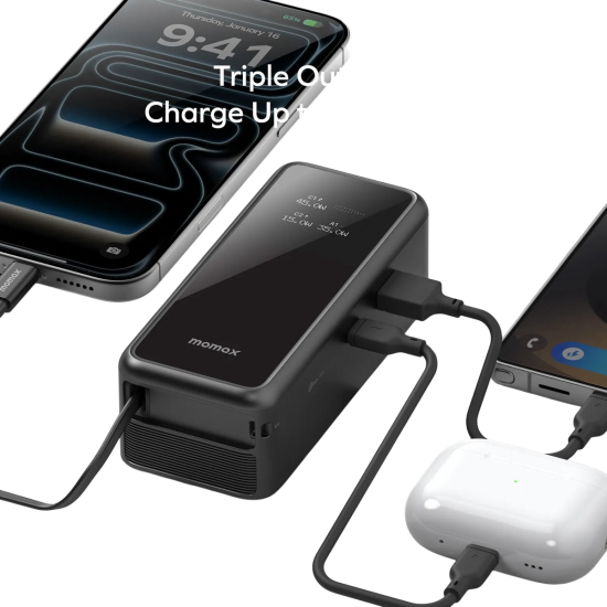 MOMAX - فيش 3 في 1 +بور بانك 10000mAh بقوة 45w